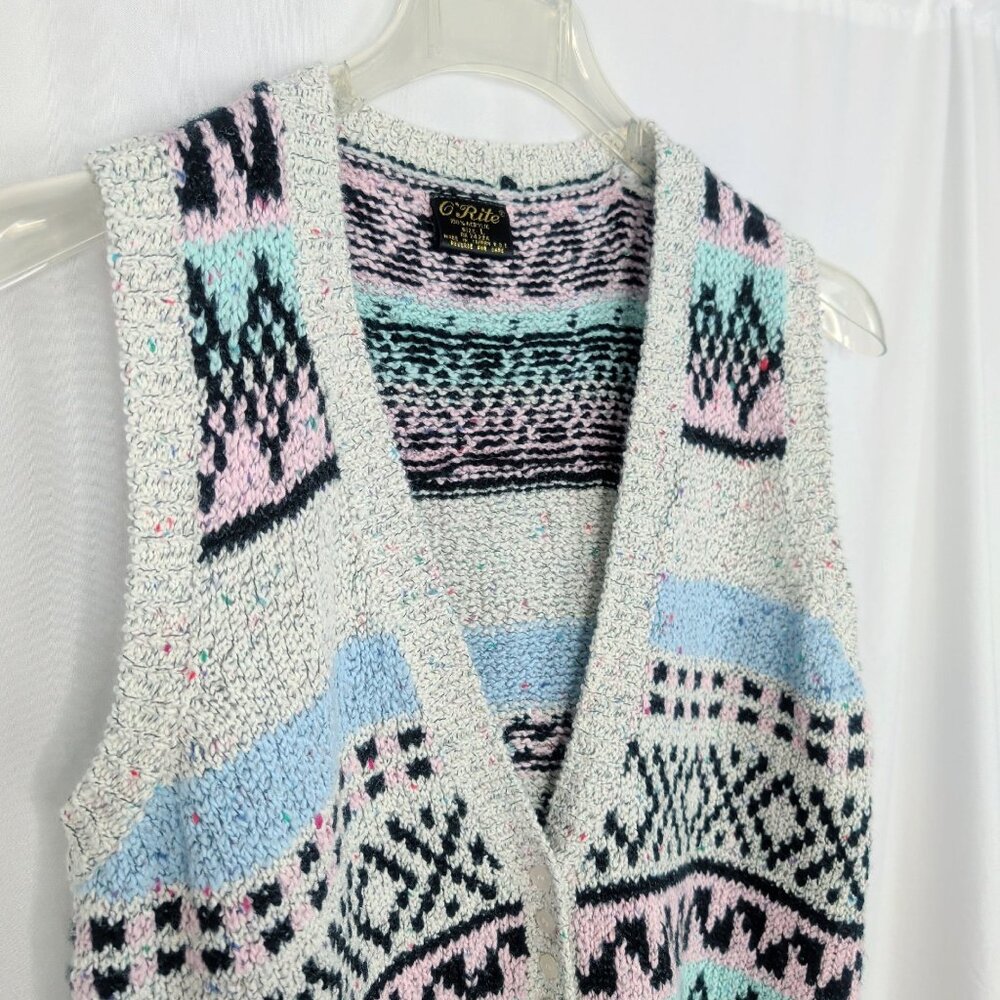 Vintage O'Rite Knit Sweater Vest Large Gray Geometric - Picture 2 of 8